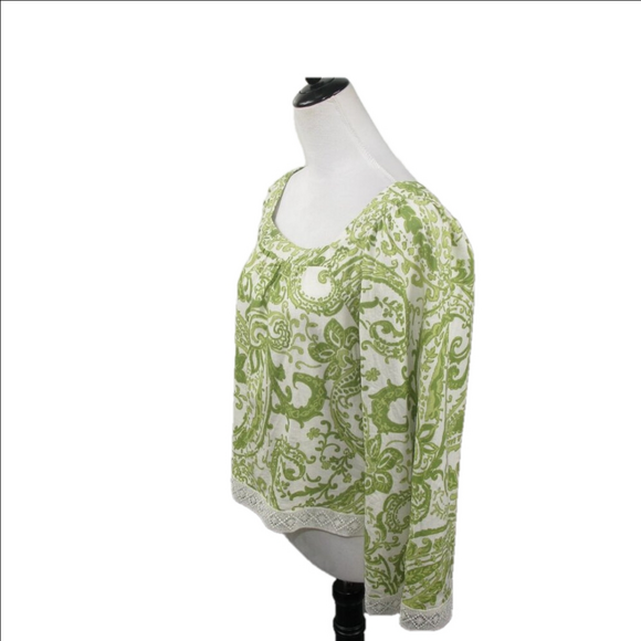 Nicole Miller Boho Green/White Paisley Cropped Linen Blend Blouse Size Medium - Picture 3 of 6